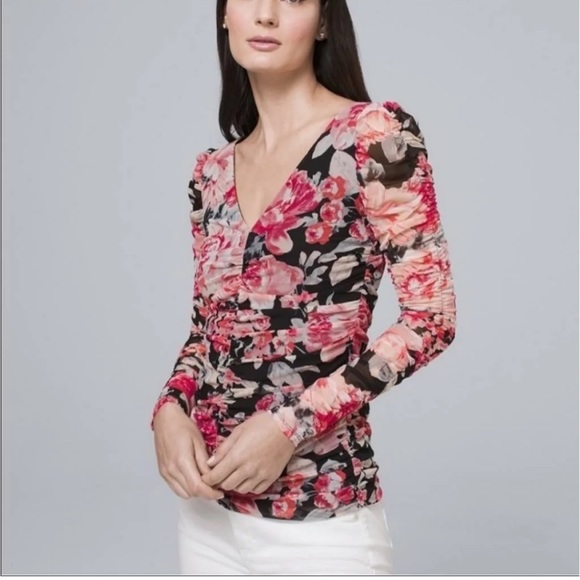 NWOT White House Black Market Shirred Floral top with Black lining. Size S. - Picture 1 of 7